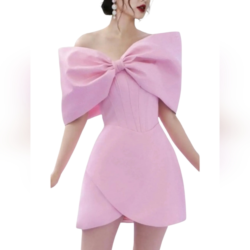 Sierra Darien Nwt Pink/Tulle Silver Glitter Big Bow Bodice Strapless Mini  Dress